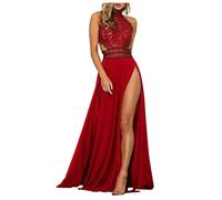 Women's Elegant Patchwork Lace Evening Dress - Transparent Hanging Neck With Slit Floor Length Ball Gown, High Waist Tunic, Plain Sleeveless Sexy Party Dress, Red, L