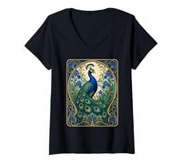 Women's Elegant Peacock Iris Flower Art Nouveau Style V-Neck T-Shirt
