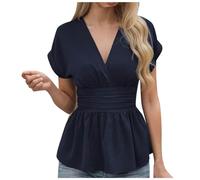 Women's Elegant Peplum Tops Ruffle Trim Wrap V Neck Short Sleeve Summer Blouses Ladies Work Business Flowy Top Shirts/UK Size/Shipping 7 Days Navy