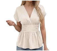 Women's Elegant Peplum Tops Ruffle Trim Wrap V Neck Short Sleeve Summer Blouses Ladies Work Business Flowy Top Shirts/UK Size/Shipping 7 Days Beige
