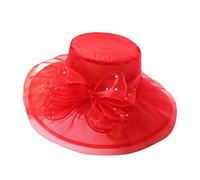 Womens Elegant Pillbox Fascinator Derby Hat Retro 1940's 1950's Organza Church Tea Party Wedding Fascinator Top Hat Wide Brim Casual Summer Beach Sun Hats with Strap Bowknot Pearl Mesh Flowers Red