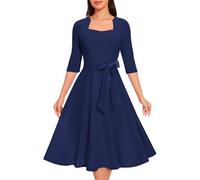 Women's Elegant Pleated Maxi Dress with Bow Waist Belt Solid Color Half Sleeve Square Neck Swing A Line Dress Tea Dresses Ladies Cocktail Evening Dresses Navy