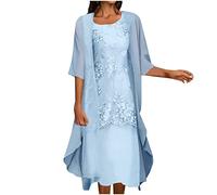 Womens Elegant Plus Size Elegant Mother of The Bride Wedding Guest Dress Suit 2 Piece Sets Cocktail Party Dresses + Lace Hollow Out Long Sleeve Cardigan