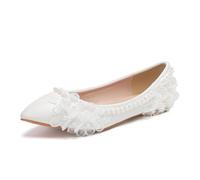 Womens Elegant Pointed Toe Flower Lace Pearls Bridal Shoes Pumps Soft Sole Ballet Flats (White,6.5)