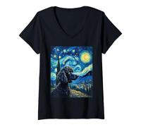 Women's Elegant Poodle Van Gogh Starry Night Graphic V-Neck T-Shirt