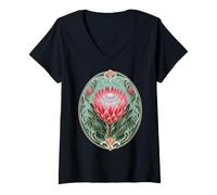 Women's Elegant Protea Flower Art Nouveau Botanical V-Neck T-Shirt