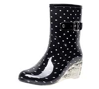 Women's Elegant Rain Boots with Heel, Waterproof, Wellington Boots, Wedge Heel Rubber Shoes with Adjustable Rain Shoes, Mid-Height Boots, Non-Slip Work Boots, Garden Boots, White, 6 UK