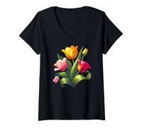 Women's Elegant Red Yellow PinkTulip Bouquet Bloom Shapes Mania V-Neck T-Shirt
