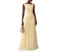 Women's Elegant Round Neck Sleeveless Dress, Solid Color Pleated Maxi Skirt Cocktail Party Dress (Yellow,XXL)