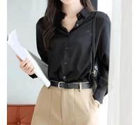 Womens Elegant Satin Lapel Button Shirt Long Sleeve Solid Colour Blouse Casual Office Top Polyester Silky Imitation Silk Work Shirt for Ladies Four Seasons(S Black)