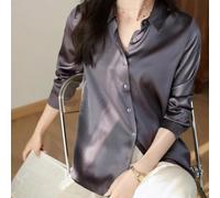 Womens Elegant Satin Lapel Button Shirt Long Sleeve Solid Colour Blouse Casual Office Top Polyester Silky Imitation Silk Work Shirt for Ladies Four Seasons(XL Gray)