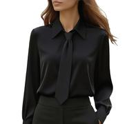 Women's Elegant Satin Shirt Top Tie Neck Blouse Long Sleeve Collared Office Tops with Puff Sleeves Glossy Adjustable Necktie Shirt for Formal Work wear and Smart Casual Occasions L Black