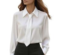 Women's Elegant Satin Shirt Top Tie Neck Blouse Long Sleeve Collared Office Tops with Puff Sleeves Glossy Adjustable Necktie Shirt for Formal Work wear and Smart Casual Occasions XL White