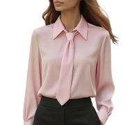 Women's Elegant Satin Shirt Top Tie Neck Blouse Long Sleeve Collared Office Tops with Puff Sleeves Glossy Adjustable Necktie Shirt for Formal Work wear and Smart Casual Occasions L Light Pink