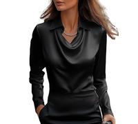 Women's Elegant Satin Silk Cowl Neck Blouse Drape Ruched Front Long Sleeve Pullover Shirt Summer Office Work Formal Wear (Black,L)