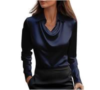 Women's Elegant Satin Silk Cowl Neck Solid Color Blouse Drape Ruched Front Long Sleeve Pullover Shirt Office Work Dressy Wear Classic Basic Tops Autumn Loose Fit Comfy Shirt Navy