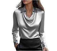 Women's Elegant Satin Silk Cowl Neck Solid Color Blouse Drape Ruched Front Long Sleeve Pullover Shirt Office Work Dressy Wear Classic Basic Tops Autumn Loose Fit Comfy Shirt Gray