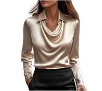 Women's Elegant Satin Silk Cowl Neck Solid Color Blouse Drape Ruched Front Long Sleeve Pullover Shirt Office Work Dressy Wear Classic Basic Tops Autumn Loose Fit Comfy Shirt Gold