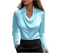 Women's Elegant Satin Silk Cowl Neck Solid Color Blouse Drape Ruched Front Long Sleeve Pullover Shirt Office Work Dressy Wear Classic Basic Tops Autumn Loose Fit Comfy Shirt Blue