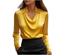 Women's Elegant Satin Silk Cowl Neck Solid Color Blouse Drape Ruched Front Long Sleeve Pullover Shirt Office Work Dressy Wear Classic Basic Tops Autumn Loose Fit Comfy Shirt Yellow