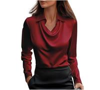 Women's Elegant Satin Silk Cowl Neck Solid Color Blouse Drape Ruched Front Long Sleeve Pullover Shirt Office Work Dressy Wear Classic Basic Tops Autumn Loose Fit Comfy Shirt Red