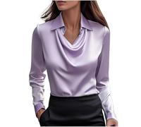 Women's Elegant Satin Silk Cowl Neck Solid Color Blouse Drape Ruched Front Long Sleeve Pullover Shirt Office Work Dressy Wear Classic Basic Tops Autumn Loose Fit Comfy Shirt Purple