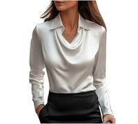 Women's Elegant Satin Silk Cowl Neck Solid Color Blouse Drape Ruched Front Long Sleeve Pullover Shirt Office Work Dressy Wear Classic Basic Tops Autumn Loose Fit Comfy Shirt White
