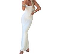 Women's Elegant Satin Silk Slip Maxi Dress Low Cut Spaghetti Strap Backless Club Party Bodycon Cami Long Slip Sundress (E-White3, M)