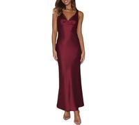Womens Elegant Satin V Neck Backless Sleeveless Maxi Dress Silk Tie Low Back Formal Cocktail Dresses Wedding Guest, Burgundy, XS