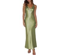 Womens Elegant Satin V Neck Backless Sleeveless Maxi Dress Silk Tie Low Back Formal Cocktail Dresses Wedding Guest, Olive, S