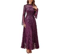 Women's Elegant Sequin Insert Lace Sheer Chiffon Deep V Neck Flare Sleeve Evening Prom Formal Long Dress