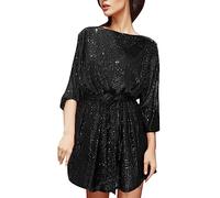 Women's Elegant Sequin Long Sleeve Midi Dress with Defined Waist - Stylish Casual Sparkly Dress for Wedding Guest, Christmas Party, Prom, Evening Gowns and Formal Occasions UK (Black, XXL)