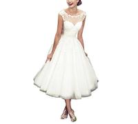 Women's Elegant Sheer Vintage Short Lace Wedding Dress for Bride - Ivory - 18