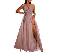 Womens Elegant Solid Color Maxi Dresses Ruffle V Neck High Waist Long Dress Party Evening Dresses (S,Champagne)