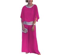 Women's Elegant Suit Wedding Guest Dinner Cocktail Chiffon Irregular Cuff Set Summer Casual Loose Round Sequin Color Blocking Neck Ruffle Top (Rose,XL)