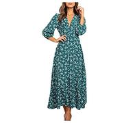 Women's Elegant Summer Dress, 3/4 Sleeve, Flowers, Long Dress, Chiffon Pleated V-Neck Wrap Dress, High Waist, Ruffle Maxi Dress, Party Dresses, A-Line Long Sleeve Dress, Autumn Dress, Women Casual