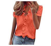 Women's Elegant Summer Top Print T-Shirt Ruffle Sleeve V Neck Solid Tee Short Casual Elegant Flannel Blouse for Women Lined Orange S, Orange, S