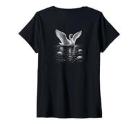 Women's Elegant Swan On Water with Lotus Flowers V-Neck T-Shirt