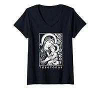 Women's Elegant Theotokos Blessed Mother Mary Art Design V-Neck T-Shirt