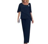 Women's Elegant Tulle Chiffon Blouse and Pants Evening Dress Set Plus Size Wedding Cocktail Festivals Chiffon Hot Drill Wide Leg Pants Two Piece Set (B Navy,XXL)
