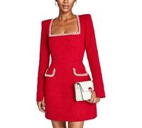 Women's Elegant Tweed Mini Dress - Vintage Square Neck Pearl Embellished Long Sleeve Short A-Line Dress for Party Cocktail Prom Formal Business Retro Chic Fall Winter (XL,Red)