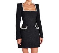 Women's Elegant Tweed Mini Dress - Vintage Square Neck Pearl Embellished Long Sleeve Short A-Line Dress for Party Cocktail Prom Formal Business Retro Chic Fall Winter (Black,XL)