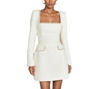 Women's Elegant Tweed Mini Dress - Vintage Square Neck Pearl Embellished Long Sleeve Short A-Line Dress for Party Cocktail Prom Formal Business Retro Chic Fall Winter (White,L)