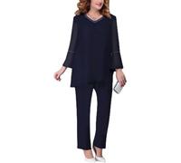 Women's Elegant Two Piece Chiffon Shirt and High Waisted Pants Set Two Piece Suit Large Size Tulle Evening Dress Set Elegant Vintage Two Pieces (Black,XXL)