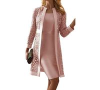 Women's Elegant Two Piece Suit Business Work Set Plain Sleeveless Dress and Lace Hollow Out Cardigan Cardigan Bridal Party Dress Set (Pink,XXL)