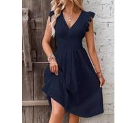 Womens Elegant V-neck Dress Featuring Hollow-out Texture Lotus-leaf Sleeves and Balanced Proportions for Year-round Wear (XXL Dark Blue)