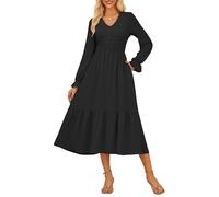 Womens Elegant V Neck Long Sleeve Dress Romantic Ruffle Country Style Maxi Dress with Pockets Black M