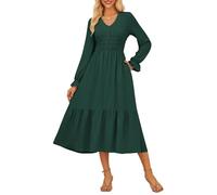 Womens Elegant V Neck Long Sleeve Dress Romantic Ruffle Country Style Maxi Dress with Pockets Dark Green M
