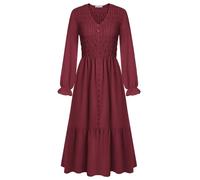 Womens Elegant V Neck Long Sleeve Dress Romantic Ruffle Country Style Maxi Dress with Pockets Dark Red M
