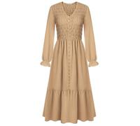 Womens Elegant V Neck Long Sleeve Dress Romantic Ruffle Country Style Maxi Dress with Pockets Khaki M